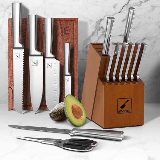 imarku 15-Piece Japanese Stainless Steel Knife Set with Block & Sharpener