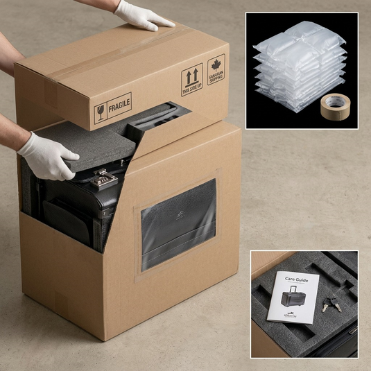A premium, neutral e-commerce product matrix demonstrating the secure packaging and unboxing of a Mancini Leather Goods Wheeled Catalog Case.