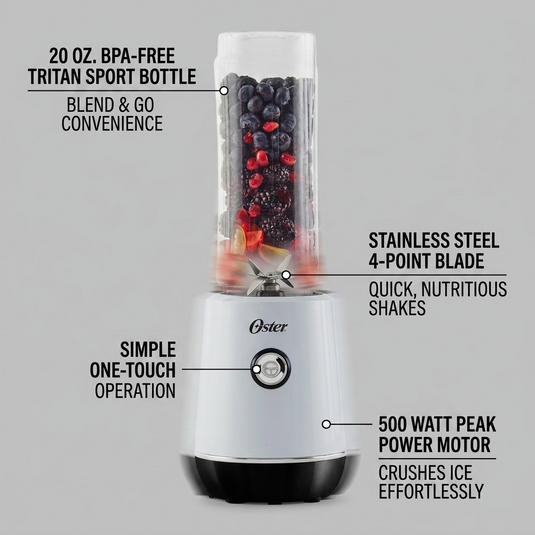 A visual infographic detailing the key features and benefits of the Oster 500W personal blender.