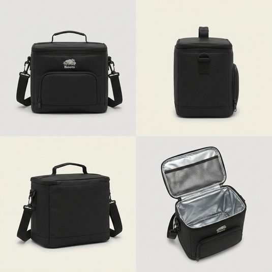 Premium ecommerce grid displaying the Roots black Insulated Cooler Bag from four clear angles: front, side, angled back, and top.