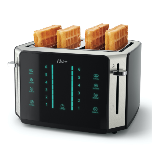 Grille-pain à écran tactile 4 tranches Oster avec commandes numériques, noir avec accents en acier inoxydable