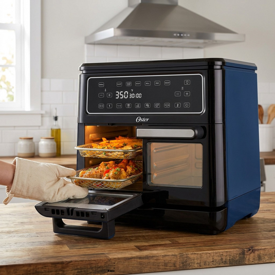 Alt text: Lifestyle photo of the Oster 11-Quart Flex Air Fryer Oven on a wooden kitchen counter. Its two baskets are cooking fries and chicken wings.