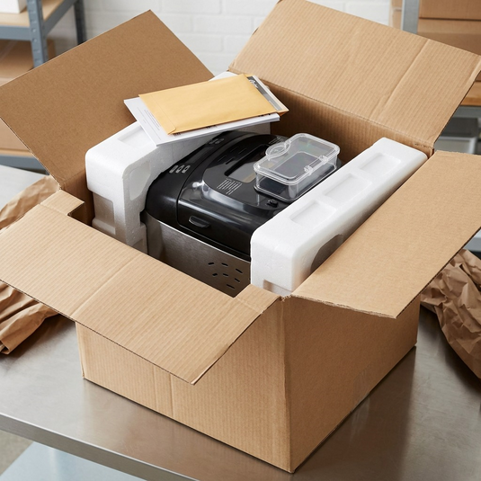 Product unboxing snapshot showing an Oster bread maker snugly protected by custom foam inserts inside a cardboard shipping box.