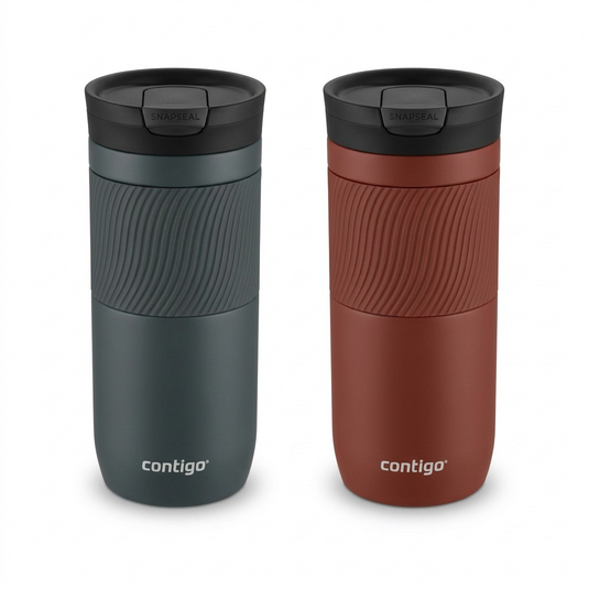A pure high-resolution hero shot on white background, featuring the two identical Contigo Byron 2.0 16oz bottles next to each other, one dark slate and one marsala rust.