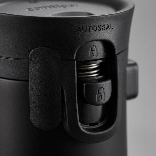 A macro-level photograph focused sharply on the Contigo AUTOSEAL button, showing its specific texture and locking symbol details.