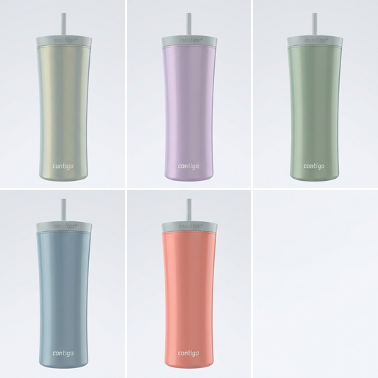 A grid of five Contigo Shake & Go tumblers in distinct, premium pastel colors.