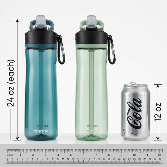 A size reference image showing the two Contigo Ashland water bottles beside a standard 12oz aluminum can on a white surface.