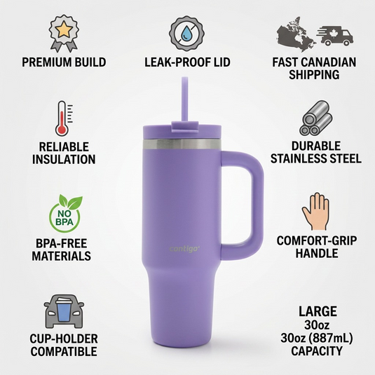 Trust and authority PDP infographic for the 30oz Contigo Streeterville Tumbler. Central accurate image, surrounded by icons with short factual text like "PREMIUM MATERIALS", "STAINLESS STEEL", "CANADIAN SHIPPING" and "MANUFACTURER BACKED". Clean, neutral design.