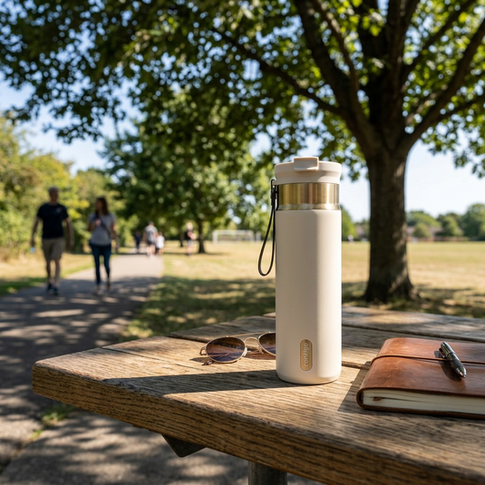 A lifestyle image featuring the Contigo Oatmilk 24 oz Dual Sip PVD bottle resting on a rustic wooden picnic table in a sunlit park, next to a smartphone and a pair of sunglasses.