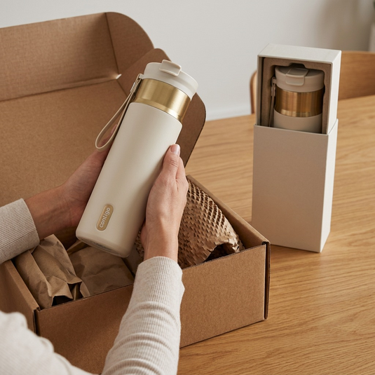 Premium, realistic home unboxing of the intact Oatmilk Contigo 24 oz Dual Sip, packed with protective materials.