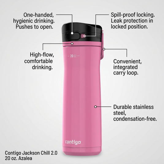 Operational features of the Contigo Jackson Chill 2.0 water bottle highlighted with descriptive text.