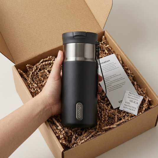 A Contigo travel mug being unboxed from a well-cushioned cardboard shipping box with packing material.