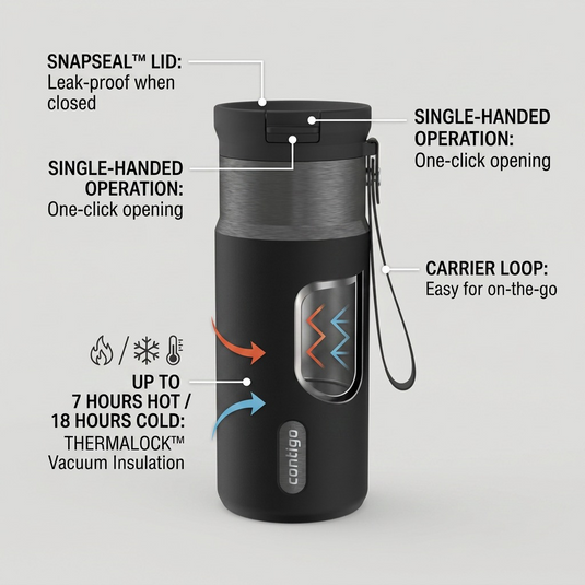 Feature graphic showing Contigo Snapseal mug capabilities, including insulation and carrier loop.