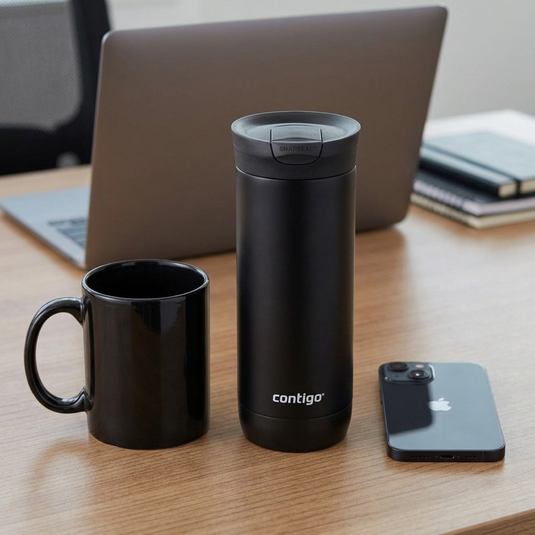 Scale comparison: Contigo 16oz tumbler next to a smartphone and ceramic mug.