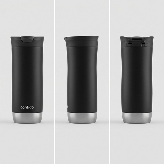 A 3-column product variant matrix displaying front, side, and rear views of the black Contigo Huron travel tumbler against a clean backdrop.