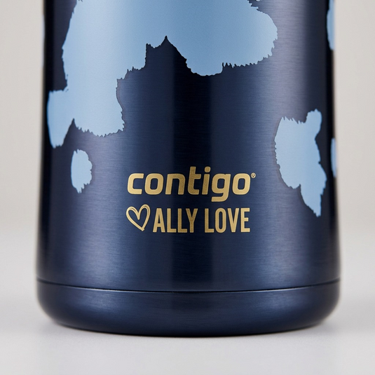 Extreme close-up macro view of the gold logo text and brush-patterned finish on the Contigo tumbler.