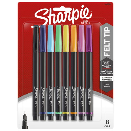 Stylos Sharpie, Feutre, Pointe fine (0,4 mm), Couleurs assorties, Paquet de 8
