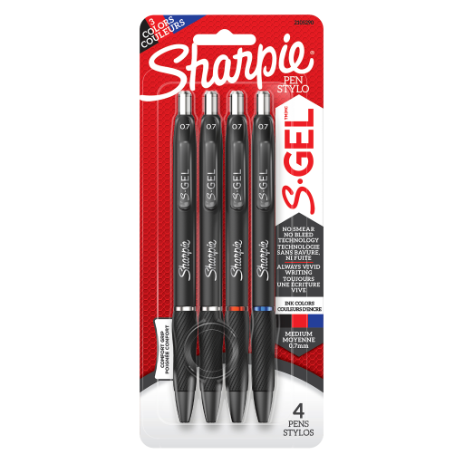 Stylos-bille gel Sharpie S-Gel 2105290 – Pointe moyenne (0,7 mm), couleurs assorties, lot de 4