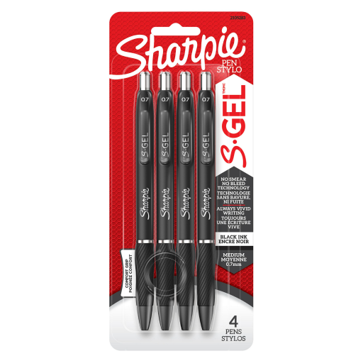 Sharpie S-Gel, stylos gel, pointe moyenne (0,7 mm), stylos encre gel noire, lot de 4