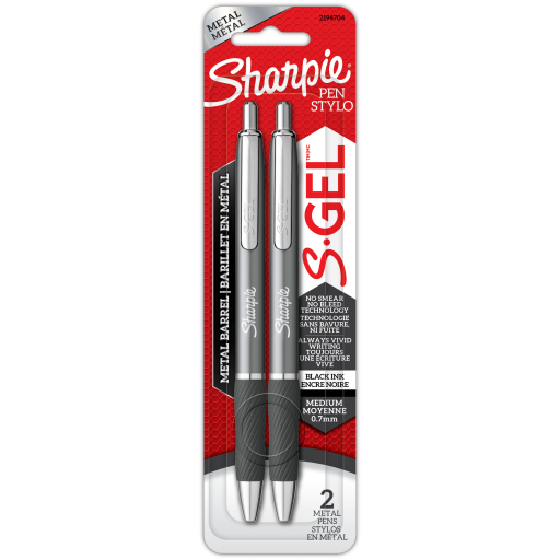 Sharpie S-Gel, stylos gel, corps métallique élégant, corps gris anthracite, pointe moyenne (0,7 mm), encre noire, paquet de 2