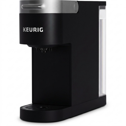 High-resolution hero shot of the Keurig K-Slim coffee maker, black with silver trim.