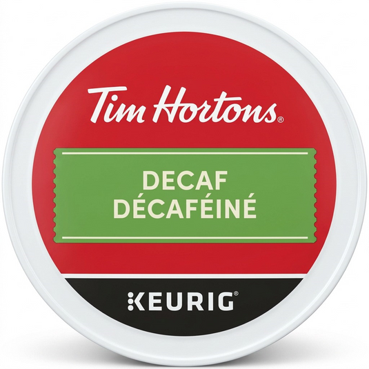 A high-resolution, centered image of a Tim Hortons Decaf Keurig K-Cup, exactly matching the canonical visual reference, with crisp details on a clean white background.