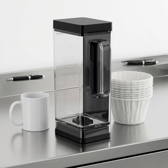 A Keurig K-2500 3.25L clear coffee brewer reservoir with a black lid is shown upright on a stainless steel counter next to a stack of classic paper coffee filters. A standard mug and pen are nearby, clearly demonstrating its considerable size and capacity for a busy environment. Clean product lighting on a white background.