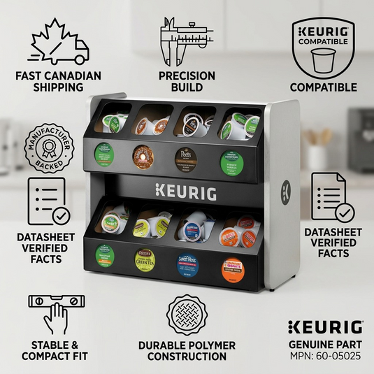 Product infographic for Keurig storage shelf with shipping, build, and compatibility icons.