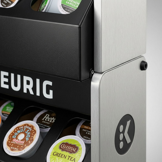 Extreme macro view of the STORAGE SHELF-KEURIG's textures: brushed metal side panel, textured black front, clear pod lids, and the iconic Keurig logo, rendered with precision depth of field and premium lighting.