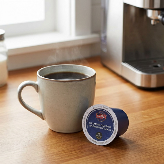 Lifestyle image showing a Timothy's Colombian Excelencia Keurig coffee pod Next to a cup with hot coffee.