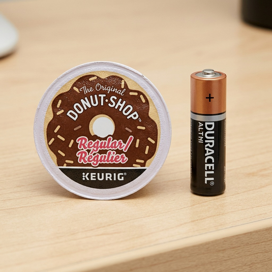 A side-by-side scale comparison showing a single K-Cup coffee pod next to a commonAA battery.