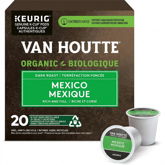 High-resolution hero shot of Van Houtte Mexico Organic K-Cup box with two loose pods.