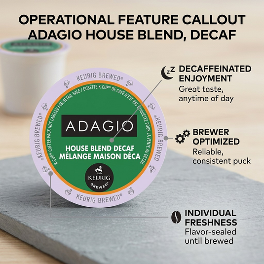 Operational feature graphic of the ADAGIO House Blend Decaf K-Cup, highlighting key benefits and certifications.