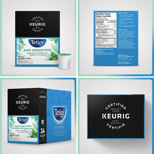Five identical boxes of Tetley Pure Peppermint K-Cup, as seen in image_0.png, arranged in a comparison grid, showing the 24-count size.