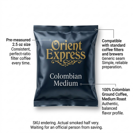 A feature graphic of Orient Express coffee with short callout labels highlighting key benefits.