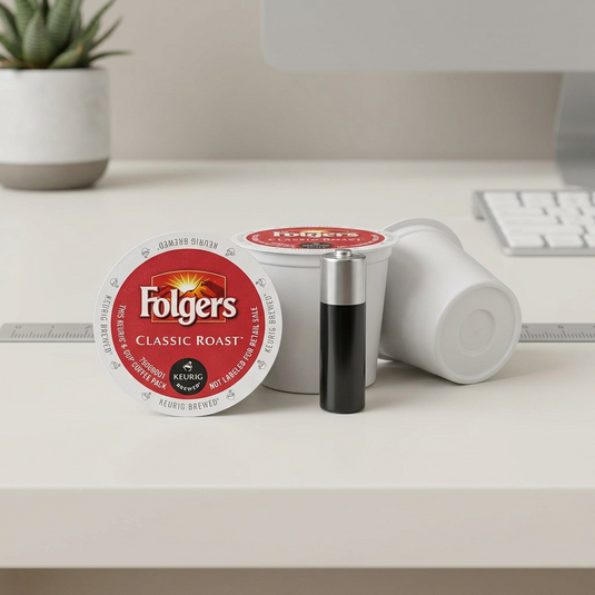 A realistic scale comparison showing two Folgers Classic Roast K-Cup pods next to a standard AA battery.