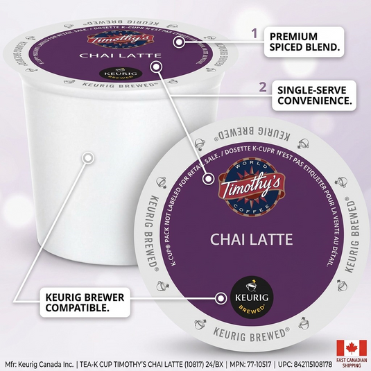 Timothy's Chai Latte K-Cup operational feature callout image: highlighting spicing, convenience, and compatibility.