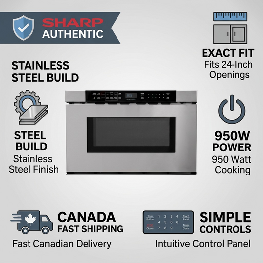 An infographic matrix for the Sharp SMD2443JSC, illustrating its features and Canada fast shipping details.