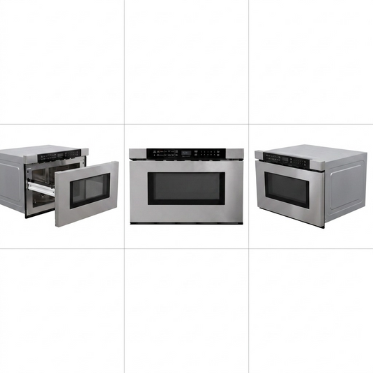 A premium ecommerce grid visual matrix of the SHARP SMD2443JSC Built-In Microwave Drawer, showcasing the canonical stainless steel unit from multiple useful angles, including front, slightly open drawer, and three-quarter view, all on a clean, light grey background.