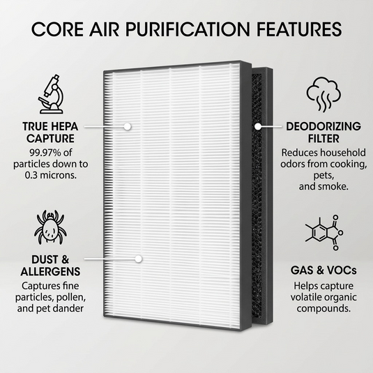 Feature graphic highlighting True HEPA (capturing 99.97% particles) and Deodorizing filters, with callouts.