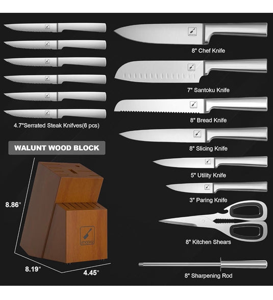 imarku 15-Piece Knife Set, Japanese High Carbon Stainless Steel with Block