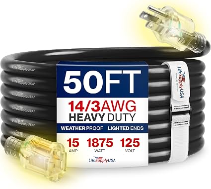 LifeSupplyUSA 50ft Heavy-Duty 14/3 Outdoor Extension Cord, 15A