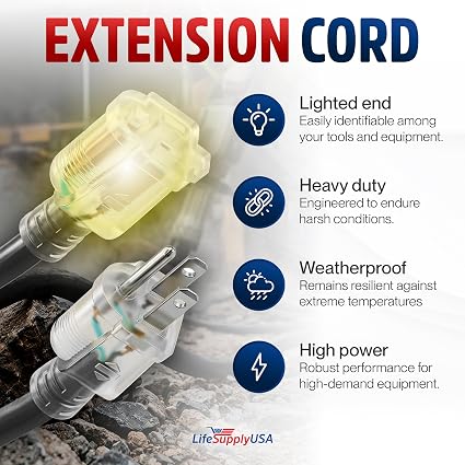 LifeSupplyUSA 50ft Heavy-Duty 14/3 Outdoor Extension Cord, 15A