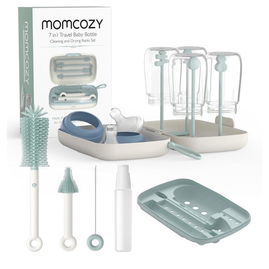 Momcozy 7-in-1 Bottle Brush Set with Drying Rack for Home & Travel, Green