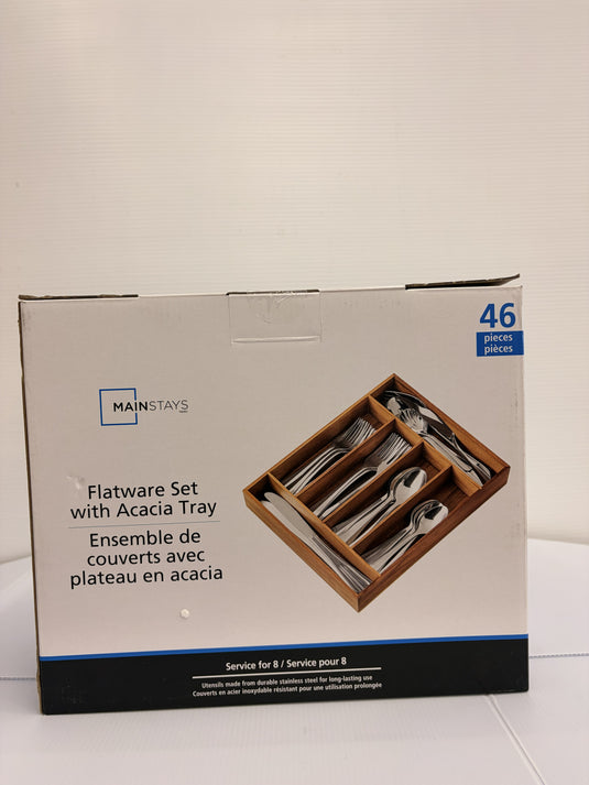 Ensemble de couverts 45 pièces en acier inoxydable Mainstays Splendent avec plateau de rangement en bois, pour 8 adultes