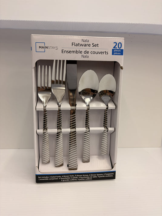 Mainstays 20 Piece Nalla Stainless Steel Flatware Set, Silver, Service for 4