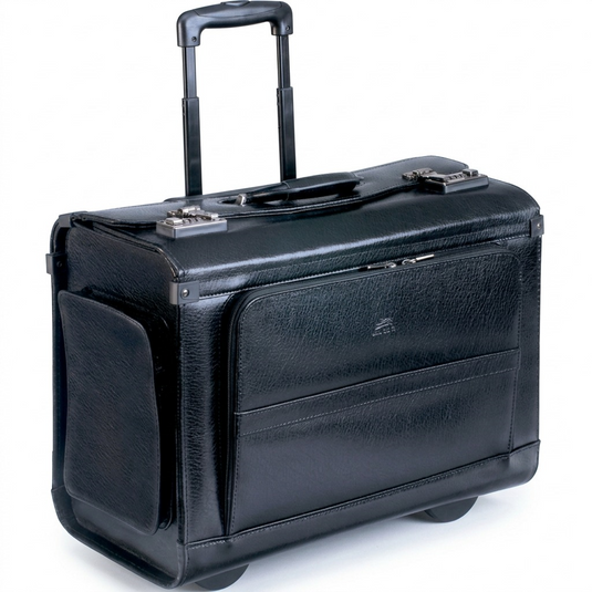 Mancini Leather Goods wheeled black leather catalog case hero shot with telescopic handle extended on white background.