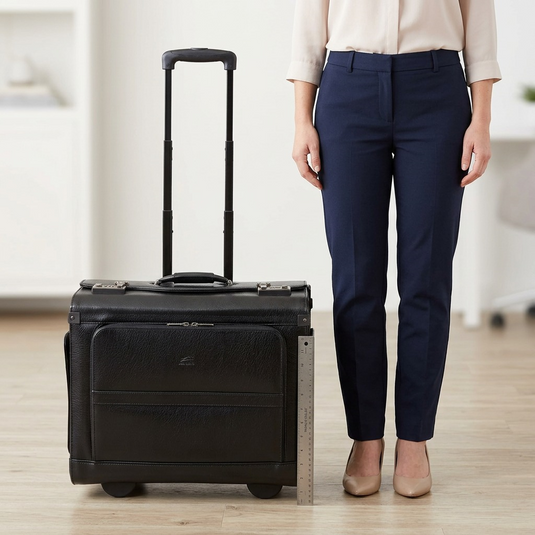 A side-by-side scale reference of the Mancini wheeled case and a person. 136 characters