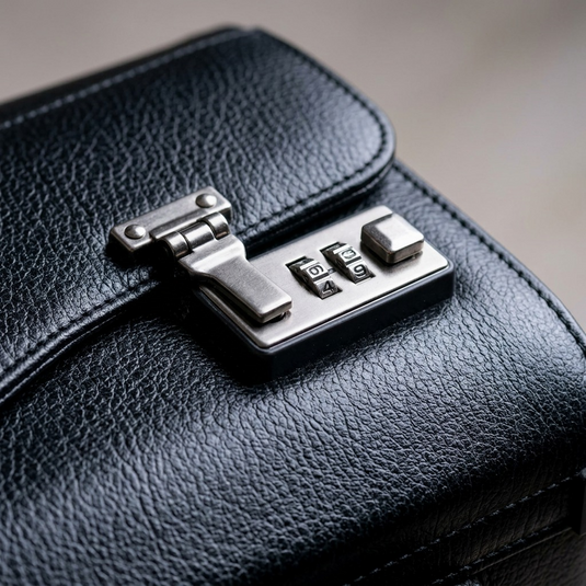 Macro photo detailing the complex pattern of the black pebble-grain leather on the business case.
