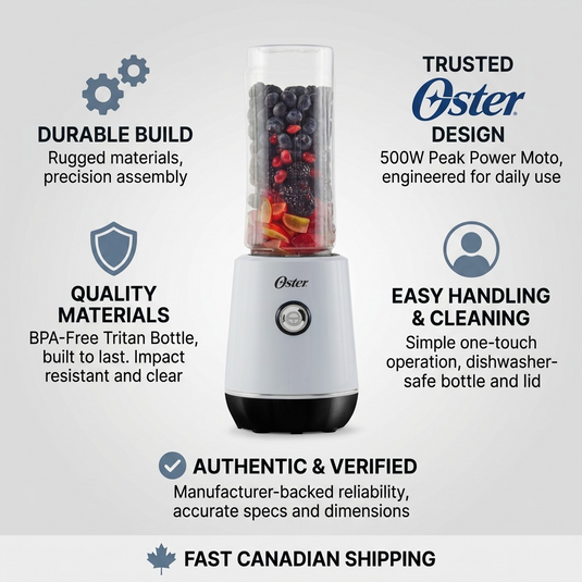 Infographic for Oster MyBlend Plus Personal Blender highlighting product features and fast Canadian shipping.